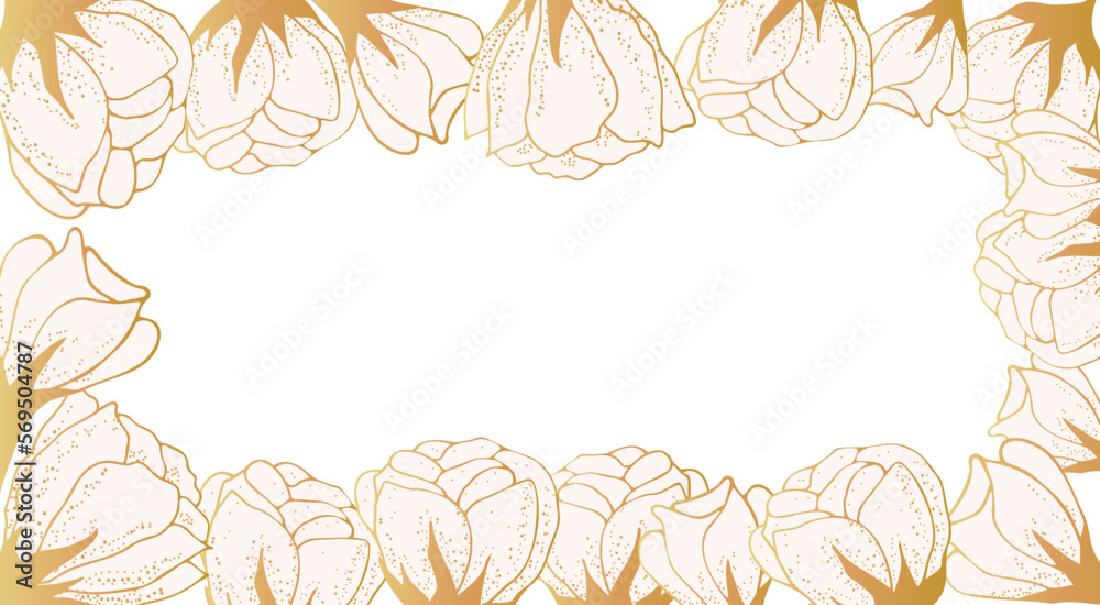 Golden floral art background with space for text. Luxury wallpaper on the side with white flowers, leaves and branches on the side. Hand drawing. Elegant botanical design for banner, invitation, Golden floral art background with space for text. Luxury wallpaper on the side with white flowers, leaves and branches on the side. Hand drawing. Elegant botanical design for banner, invitation,