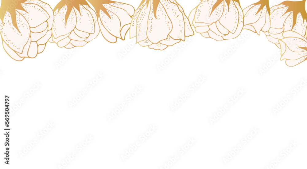 Golden floral art background with space for text. Luxury wallpaper on the side with white flowers, leaves and branches on the side. Hand drawing. Elegant botanical design for banner, invitation, 