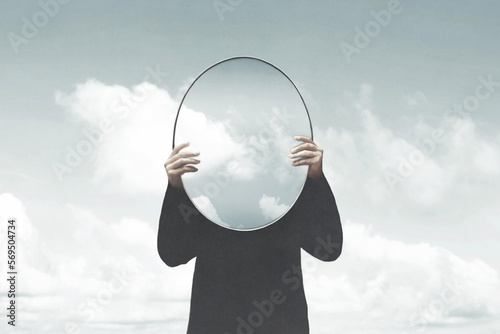 Illustration of woman in black holding a surreal mirror among clouds, surreal abstract concept