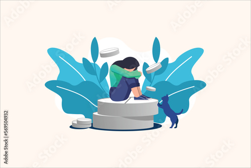 Concept of medication treating illness or disorder. Concept of antidepressants. Depressed woman is sitting on big pill. Medicine. Flat. Vector illustration.