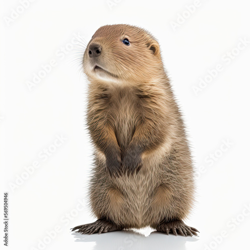 Full length portrait of a adorable baby beaver standing isolated on white background. Floor with reflection. Generative AI © Gelpi