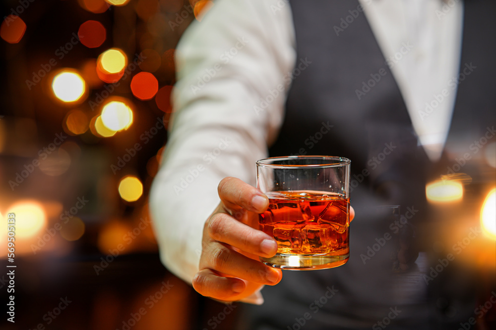Bartender Serve Whiskey, on wood bar, Bartender Serve Whiskey, on wood bar,