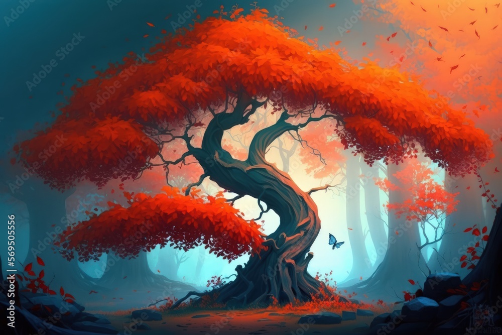 fog covered fairy tree a large, old magical tree with orange leaves. mystical, foggy autumn forest. enchanted forest Amazingly vibrant scenery including a tree with crimson leaf in the mist. Nature