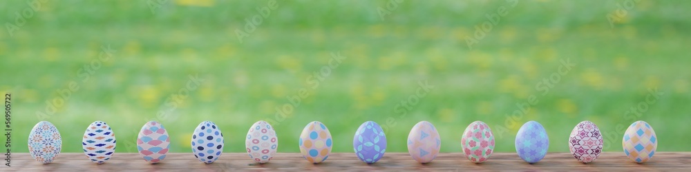 beautifully patterned easter eggs on wooden board with wild landscape in the back beautifully patterned easter eggs on wooden board with wild landscape in the back