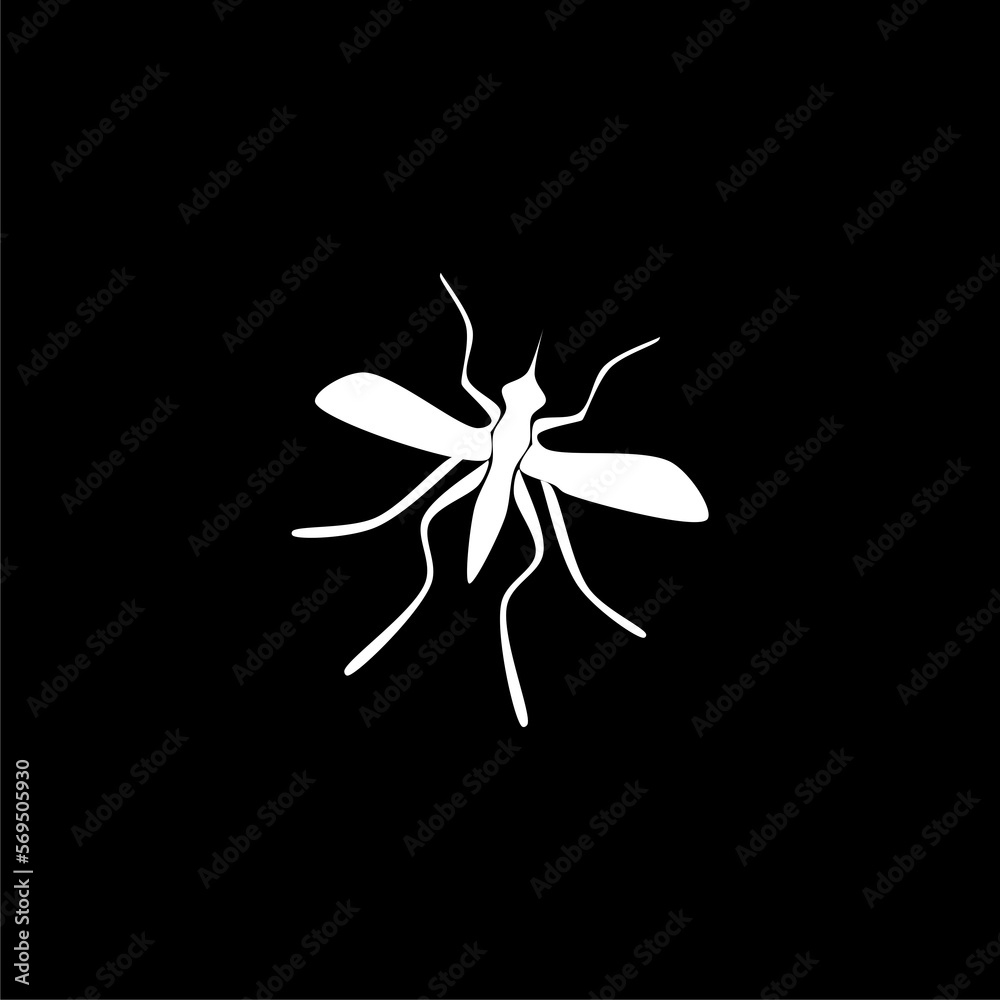 Mosquito. Black and white drawing by hand. Silhouettes icon isolated on black background.