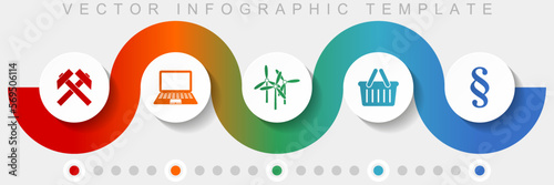Commerce infographic vector template with icon set, miscellaneous icons such as mining, laptop, wind turbine, shop basket and law for webdesign and mobile applications