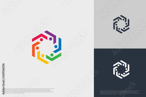 abstract global crown people colorful logo minimalist style illustration. Teamwork symbol.