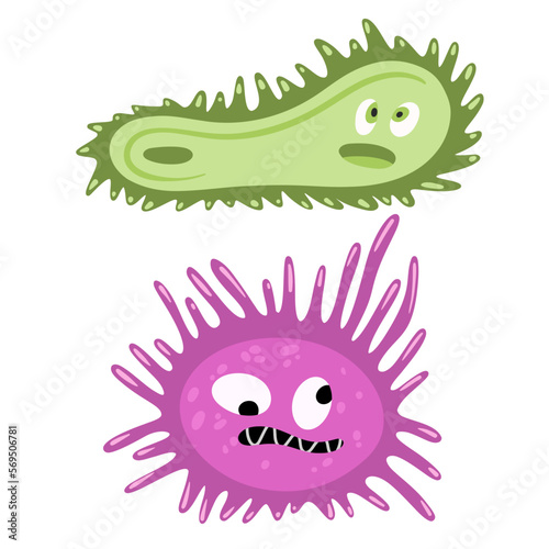 Cute funny monsters bacteria pink virus characters