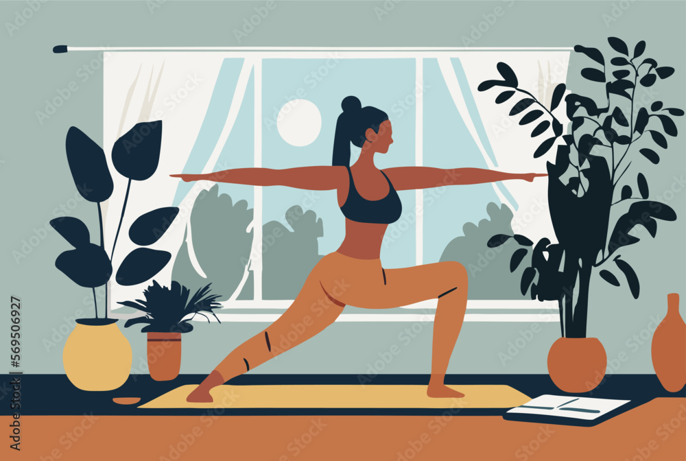 Fototapeta premium Woman doing yoga, sports exercises in a cozy interior. How to keep fit indoors. flat vector illustration