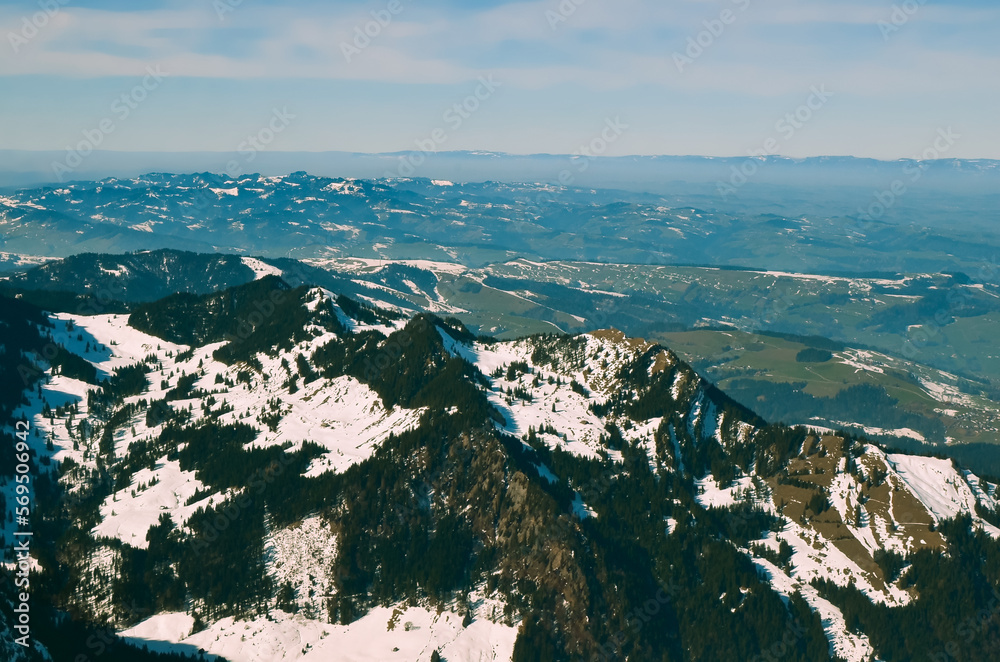 Beautiful vintage retro mountain landscape.Rocky mountains in the snow.Swiss Alps.Rest in Lucerne.Beautiful view from the mountain.Rest in the mountains. View from the observation deck.