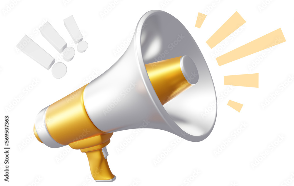 3d illustration of white and golden megaphone isolated on white. Time to marketing