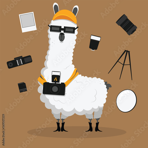Cute funny lama cartoon alpaca photographer mascot. LLama animal hand drawn vector