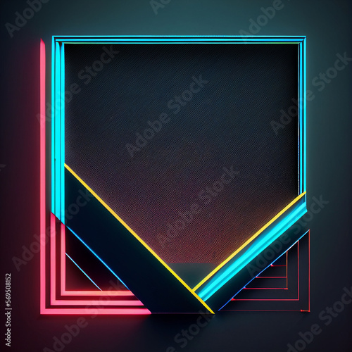 Solid background, geometric frame in the center, neon edges