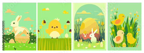 Set of Easter backgrounds. Spring morning meadow with easter bunny  basket with eggs.