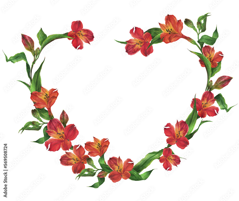 Wreath in the shape of a heart of white and red lilies