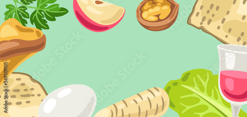 Happy Pesach Jewish Passover plate greeting card. Holiday background with traditional symbols.