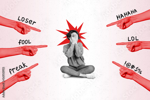Picture retro pop collage template of scared woman try ignore hate speech people stop bullying concept photo