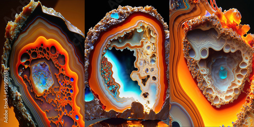 Background of natural volcanic agate stone texture, raw crystal. Fairburn agate colorful mineral rock. Pure quartz marble formation art. Orange, blue and cyan gemstone. Generative art