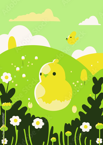 Set of backgrounds for the text dedicated to the holiday of Easter.   . Spring morning meadow with easter bunny  basket with eggs. Cute picture nature animals sunny colors. Set of Easter backgrounds