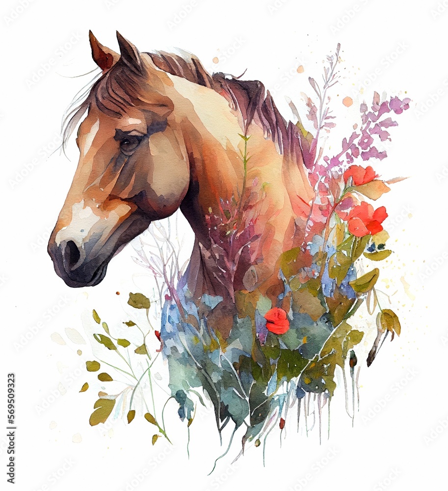 Horse portrait with flowers hand drawn watercolor illustration Farm