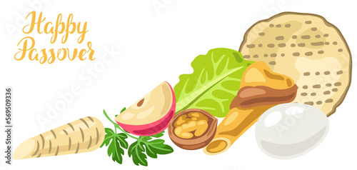 Happy Pesach Jewish Passover plate greeting card. Holiday background with traditional symbols.