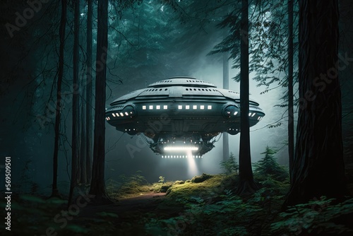 ufo in the deep forest made with generated ai photo