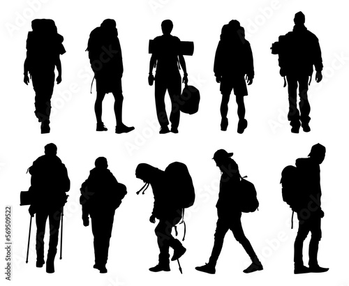 silhouettes of people. Hiker Silhouettes. hiking man with rucksacks silhouette. People with backpack vector silhouettes. mountaineer climber hiker people. Backpacker.	