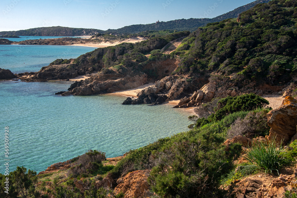 Secular junipers and crystalline waters at sunset along the coast of Chia, Domus de Maria, Sardinia