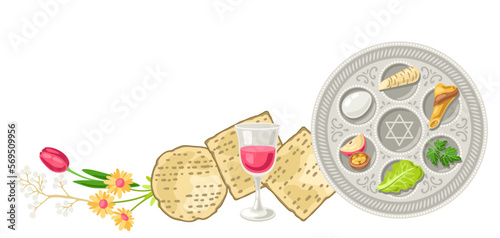 Happy Pesach Jewish Passover plate illustration. Holiday background with traditional symbols.