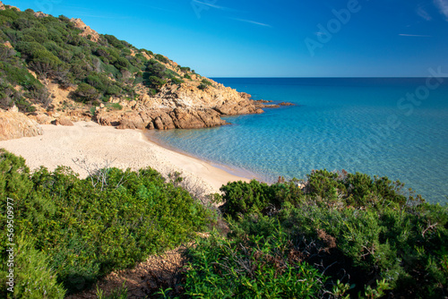Del Morto bay with white sand, crystal clear water and Mediterranean scrub, Chia, Domus de Maria, Sardinia
