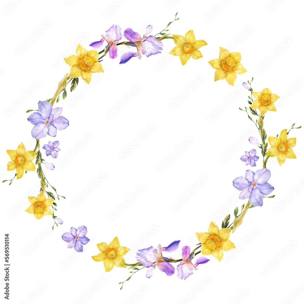 Spring wreath of daffodil and iris and alstroemeria flowers