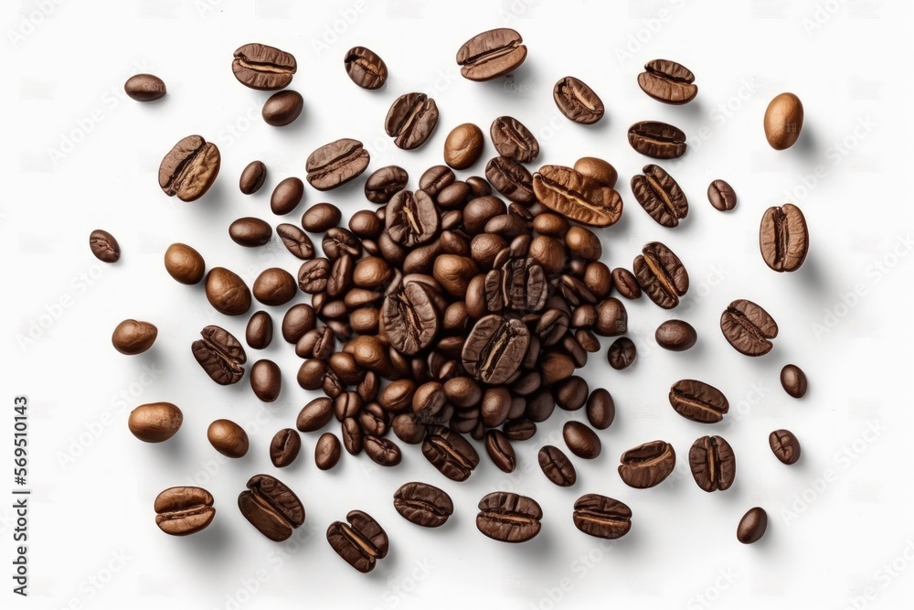 Naklejka premium Coffee beans, top view, flat lie, isolated on white background. Generative AI