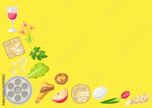 Happy Pesach Jewish Passover plate greeting card. Holiday background with traditional symbols.