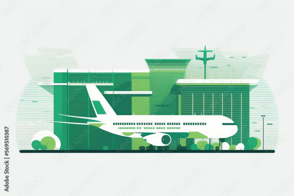 A modern green airport with a city background and green paint on a white clean background. Generative AI