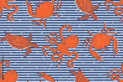 DEEP SEA UNDERWATER NAUTICAL SEAMLESS PATTERN WITH STRIPE BACKGROUND OCTOPUS CRAB TURTLE VECTOR