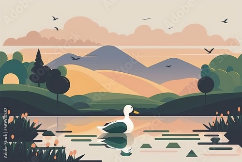 Duck in beautiful landscape  minimal vector. Generative AI