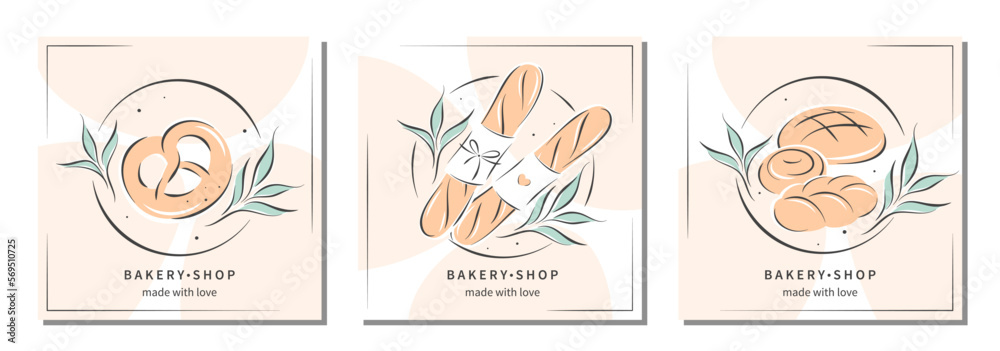 Bakery shop logos. Set of design for bread shop. Vector illustration for logo, poster, label or menu.