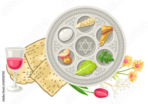 Happy Pesach Jewish Passover plate illustration. Holiday background with traditional symbols.