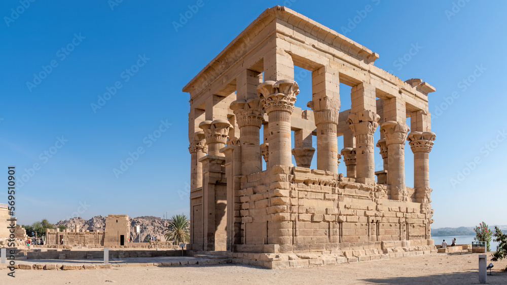 Aswan, Egypt; February 7, 2023 - Trajan's Kiosk is a temple located on Agilkia Island in southern Egypt. It is attributed to Trajan, Roman emperor from 98 to 117 AD.