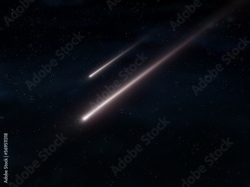 Meteor glowing trail. Bright falling star. Burning meteorite in the night sky.