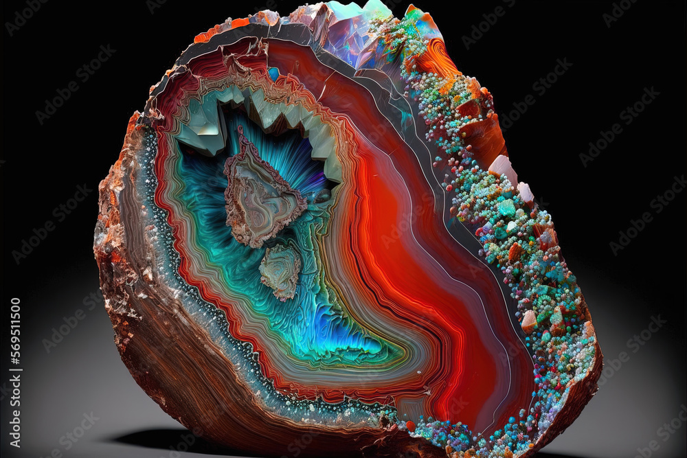 Fototapeta premium Background of natural volcanic agate stone texture, raw crystal. Fairburn agate colorful mineral rock. Pure quartz marble formation art. Orange, blue and cyan gemstone. Generative art
