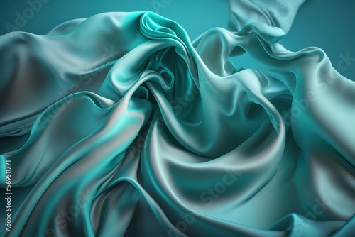 Elegant, soft blue silk fabric provides a delicate background texture. Tissue clothing is an elegant, textured dress fabric. Abstract sea waves on chiffon in the color cyan. Generative AI