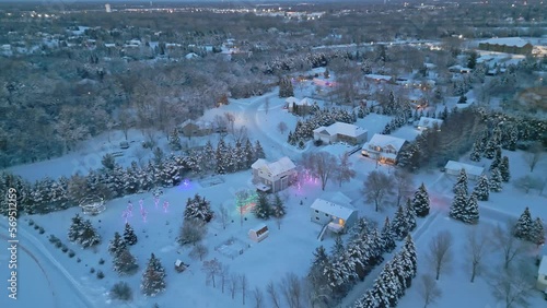 Drone Shot Of Snow Covered Houses On Hemlock and 137th In Dayton MN At Blue Hour