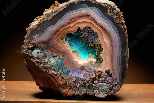 Background of natural volcanic agate stone texture, raw crystal on a 
wooden surface.. Fairburn agate colorful mineral rock. Pure quartz marble 
formation art. Orange and cyan gemstone. Generative art