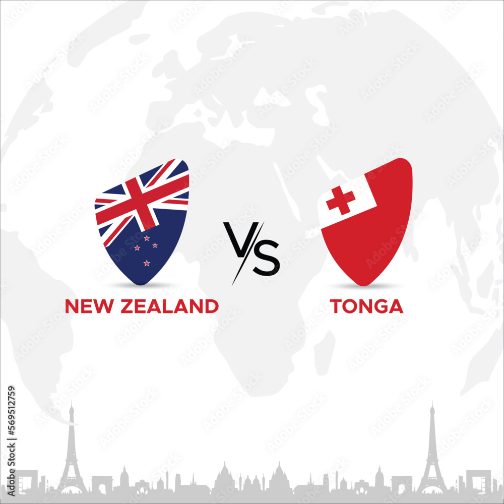 Obraz premium New Zealand vs Tonga Creative Rugby Ball or Badge in flag design on France skyline background for a sports tournament, this vector for sports match template or banner in vector illustration. Editable