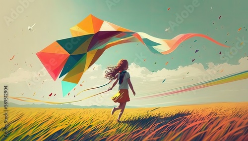 happy child girl with a kite running on meadow in summer in nature. photo