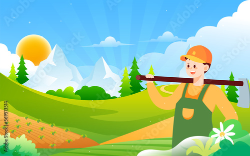 Farmer is farming in spring, countryside and nature in the background, vector illustration