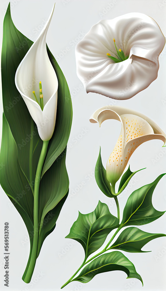 Obraz premium Calla in Lily acrylic paint, Flower Illustration Set. Invitations and Cards. Generative AI