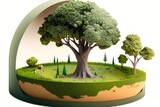 Circle cutaway of a realistic grassy meadow with a tree, A spherical earth pedestal cross section with a green garden is shown in an illustration against a white background. Generative AI