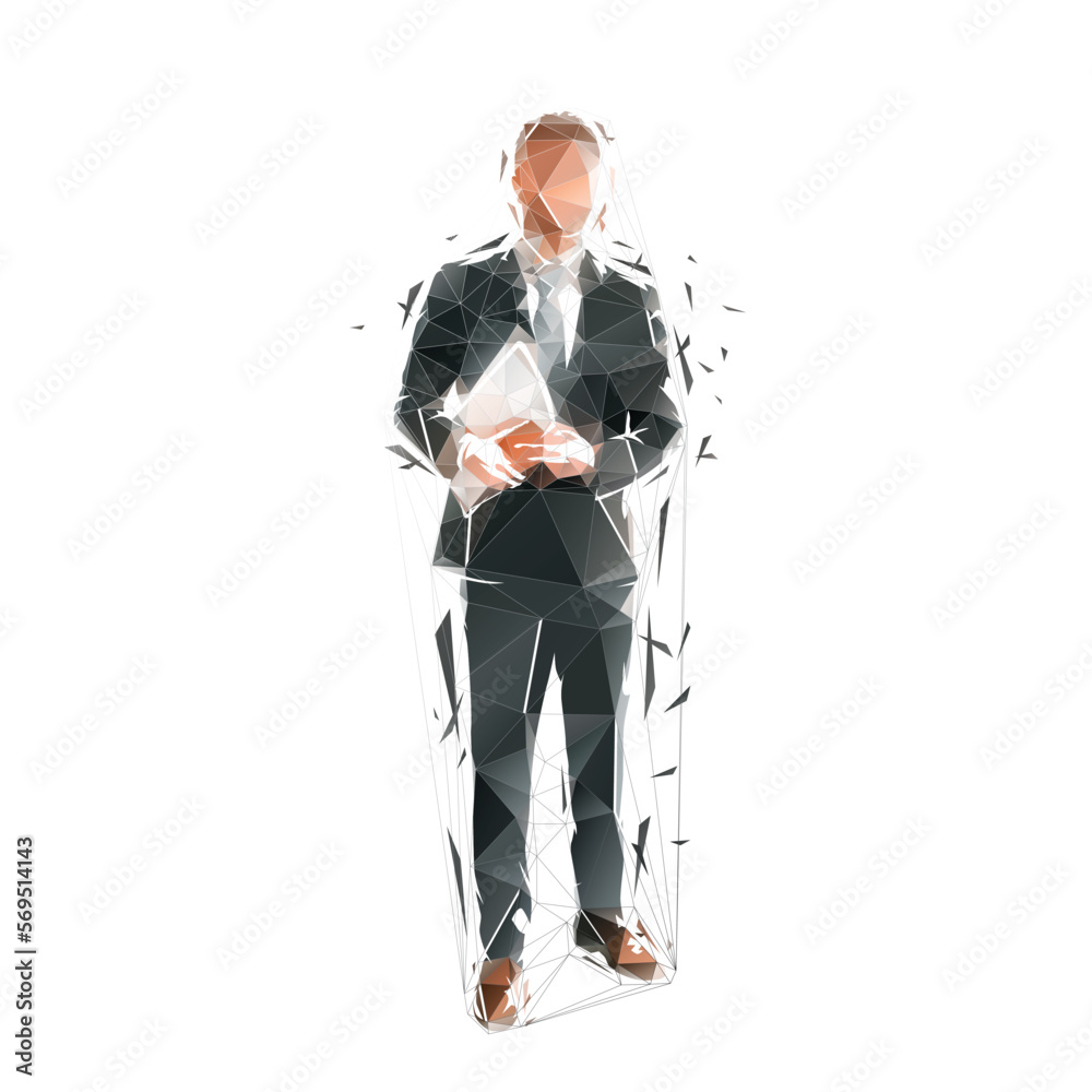 Businessman standing in suit and holding documents, low poly isolated vector illustration, geometric drawing Businessman standing in suit and holding documents, low poly isolated vector illustration, geometric drawing